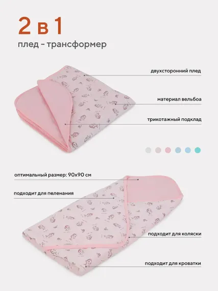 Плед TOPOTUSHKI 90х90 интерлок вельбоа розовый/дельфины
