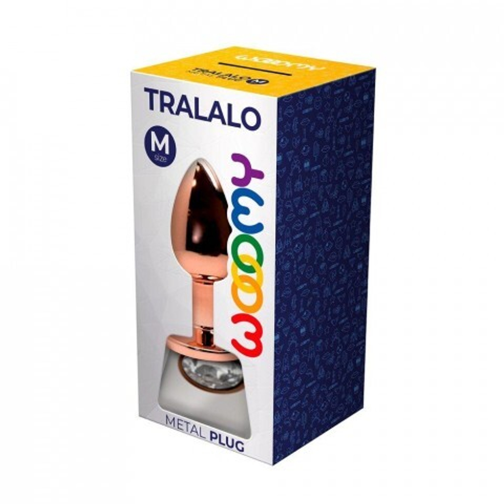 Анальная пробка золотистого цвета с белым кристаллом Tralalo от WOOOMY  (M: 8*3,4 см.)
