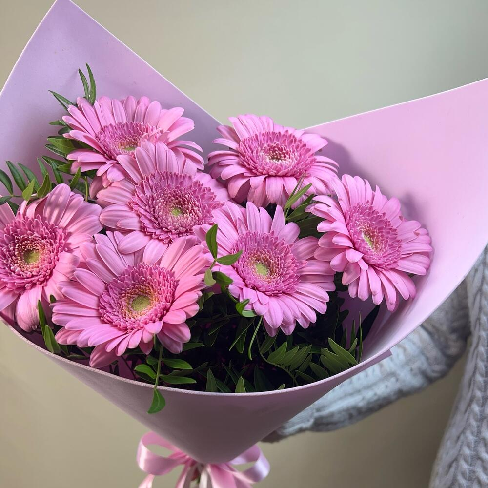 Нежный розовый букет из мини Гербер в упаковке с зеленью