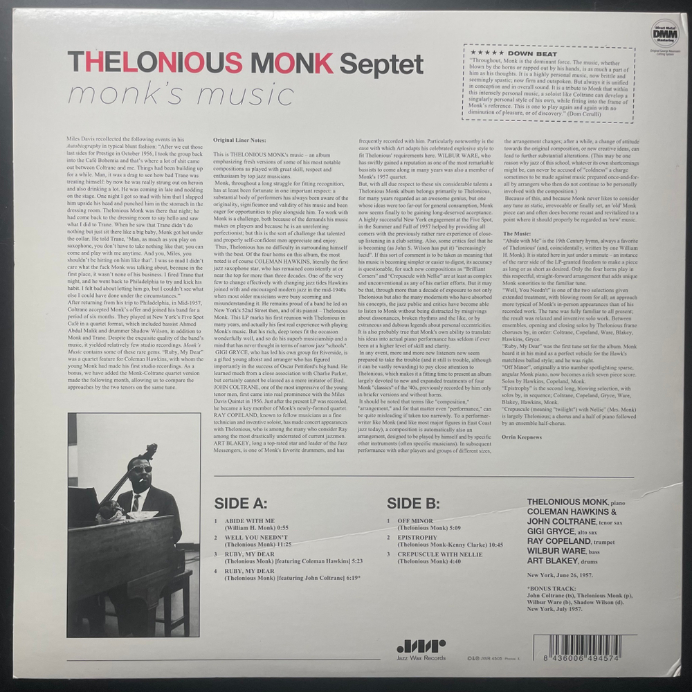 Thelonious Monk Septet ‎– Monk's Music (Европа 2009г.)