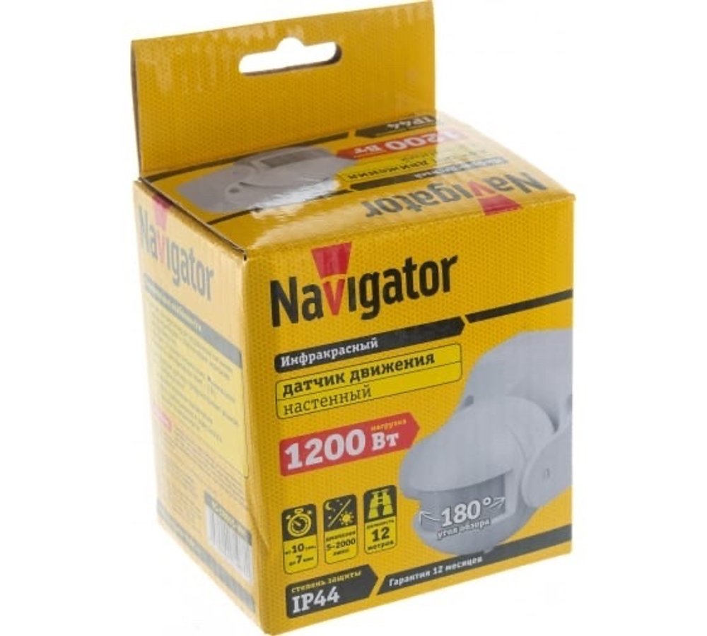 Датчик движения настенный 1200Вт 12м 180гр. IP44 белый NS-IRM05-WH Navigator 71967
