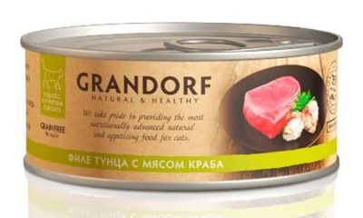 Влажный корм GRANDORF для кошек из филе тунца с мясом краба, банка 70г