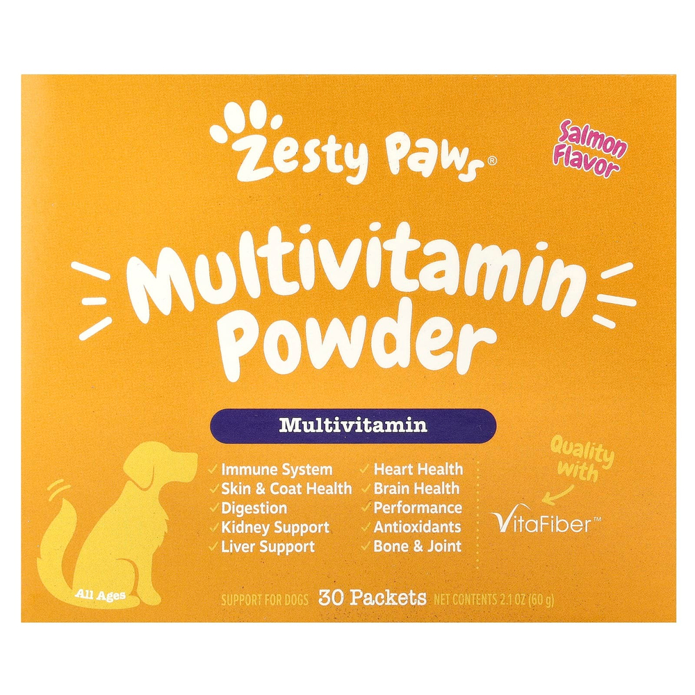 Zesty Paws, Мультивитаминный порошок, для собак, для всех возрастов, с лососем, 30 пакетиков, 60 г (2,1 унции)