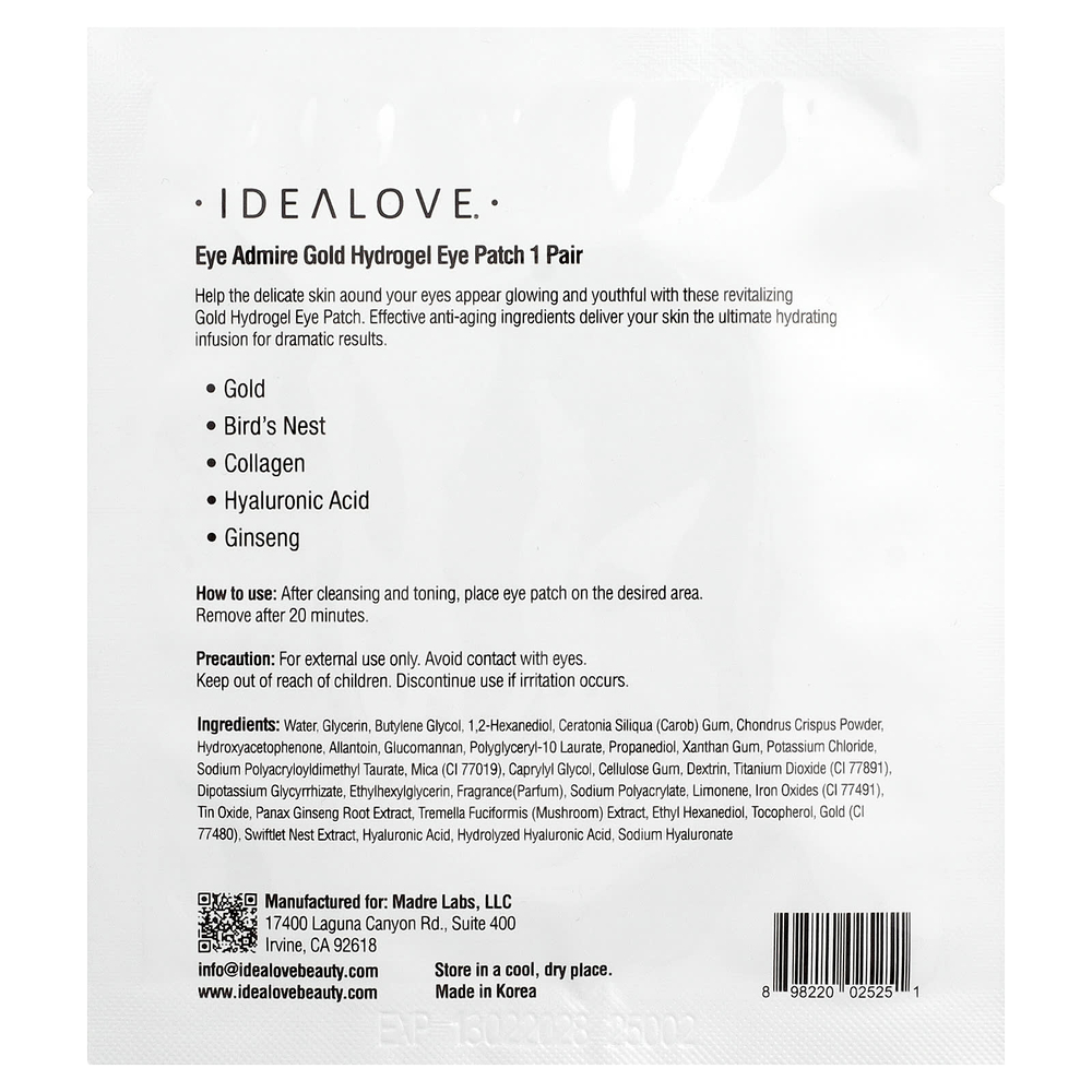 Idealove, Eye Admire, гидрогелевые патчи для глаз с золотом, 1 пара