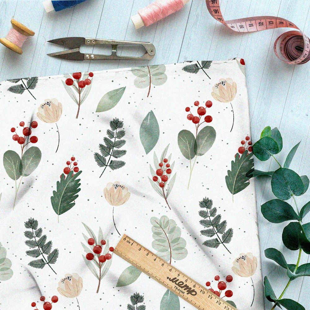 Ткань дюспо маленькие акварельные брусника и листья