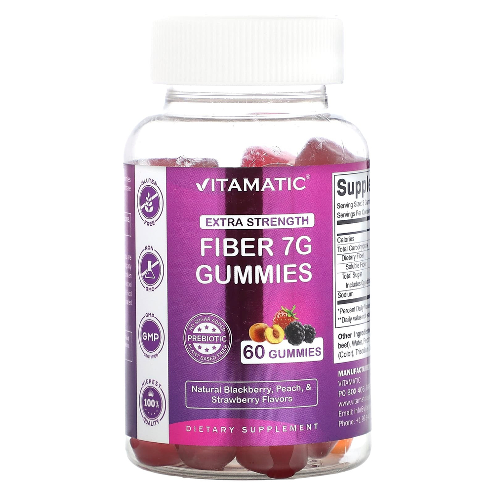 Vitamatic, жевательные таблетки с клетчаткой, со вкусом натуральных ежевики, персика и клубники, 60 жевательных таблеток