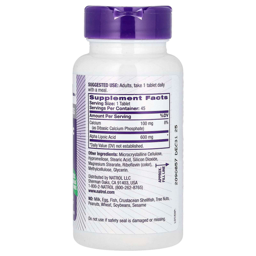 Natrol, Альфа-липоевая кислота, медленное высвобождение, 600 мг, 45 таблеток