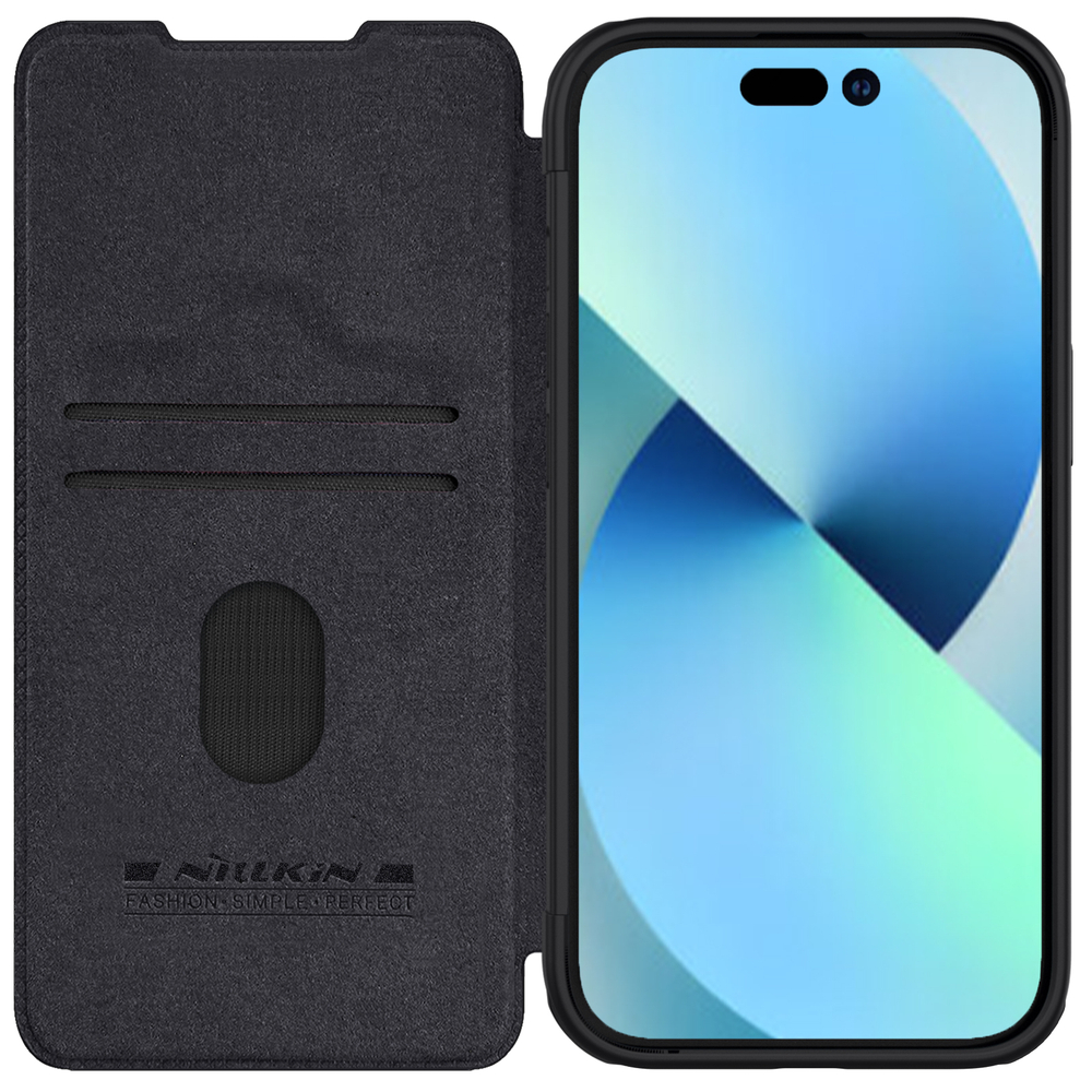 Кожаный чехол книжка с сдвижной шторкой для камеры от Nillkin для смартфона iPhone 15 Plus, серия Qin Pro Leather