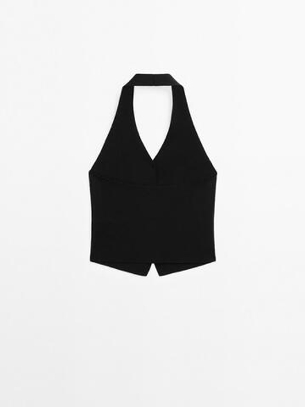 Massimo Dutti Вязаный жилет с воротником-халтер, черный