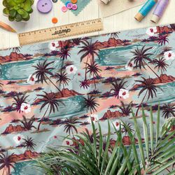 Ткань дюспо коричневые пальмы и оазисы с цветами