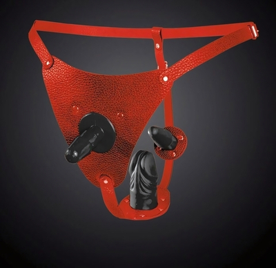 Красные кожаные трусики со штырьком и двумя съёмными стимуляторами (Цвет: красный)