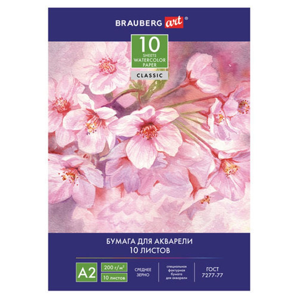 Бумага для акварели БОЛЬШАЯ А2, 10 л., 200 г/м2, 400х590 мм, BRAUBERG, "Цветы", 125223