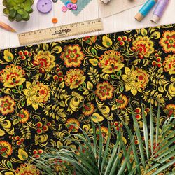 Ткань оксфорд 600 хохлома на чёрном