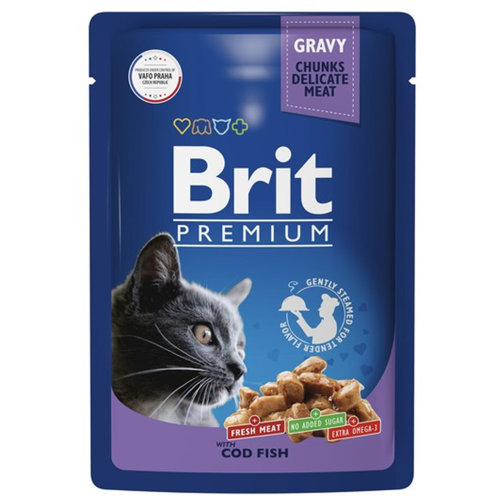 Влажный корм пауч для взрослых кошек Брит BRIT PREMIUM треска в соусе, 85г