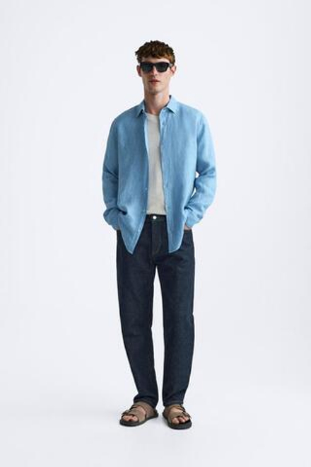 ZARA РУБАШКА ИЗ 100% ЛЬНА, ГОЛУБОЙ