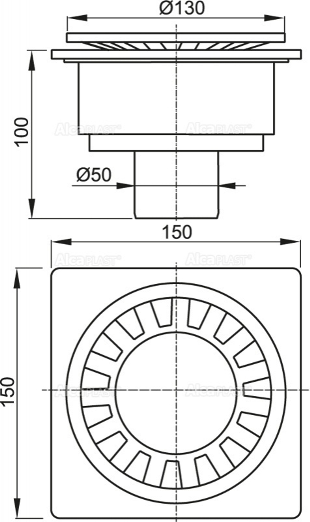 Сливной трап AlcaPlast APV16 150 x 150/50