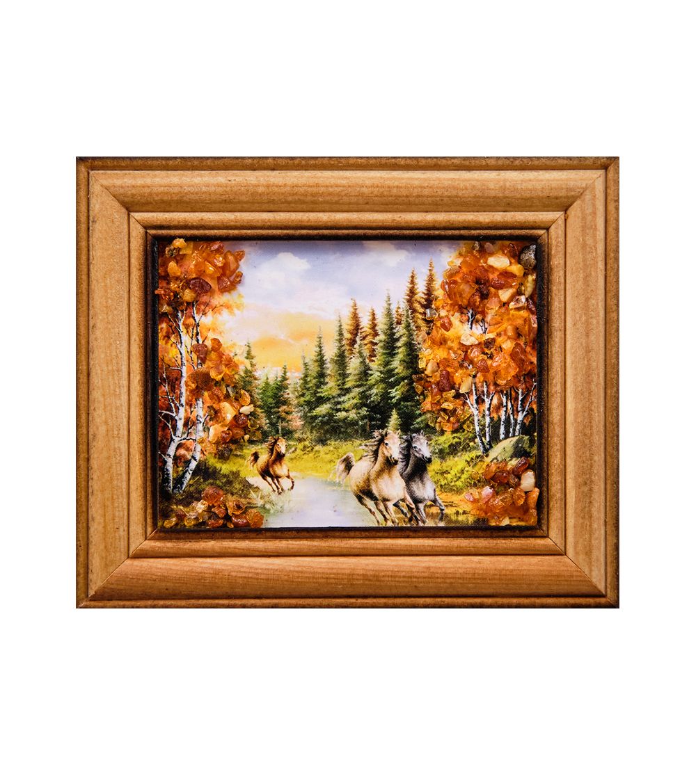 AMB-75/ 6 Картина «Лошади» (с янтарной крошкой) дер.краш.рамка 7х9