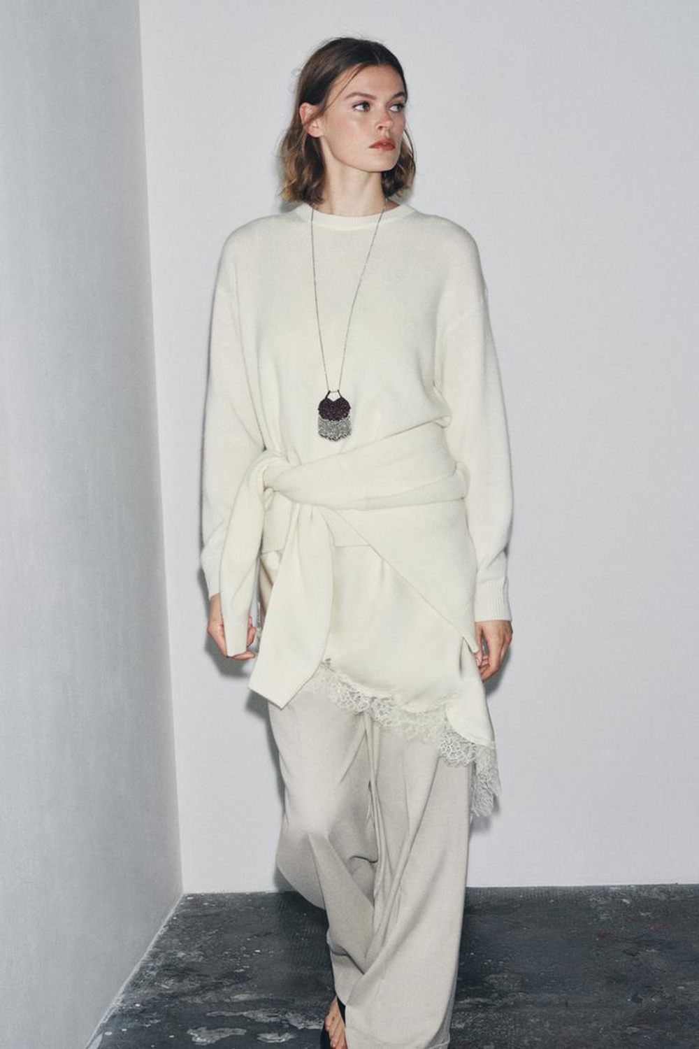 ZARA ДЖЕМПЕР ИЗ 100% КАШЕМИРА С ДЛИННЫМИ РУКАВАМИ, ЭКРЮ