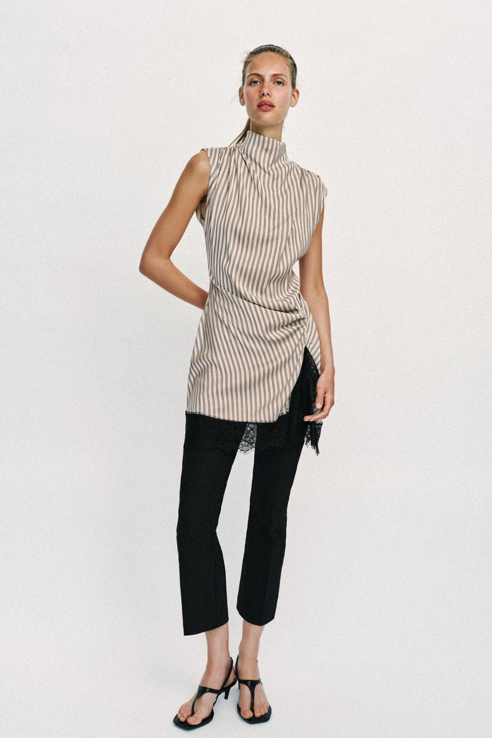 ZARA МИНИ-ПЛАТЬЕ В ПОЛОСКУ С КРУЖЕВОМ, РОЗОВЫЙ