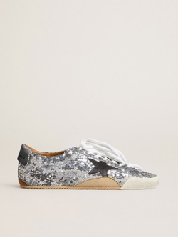 True Star in silver sequins with black star and beige leather heel tab