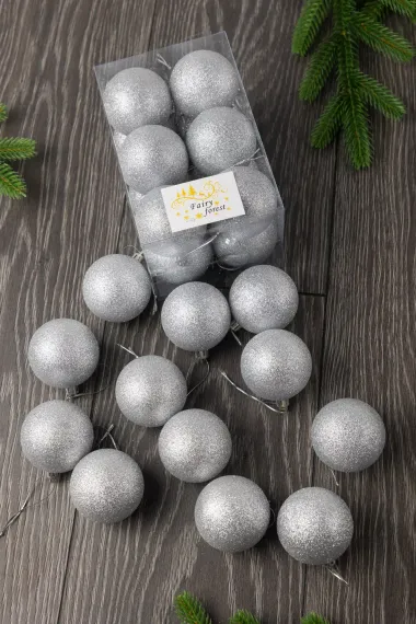 Набор пластиковых шаров Вероника 60 мм., серебро глиттер, 12 шт., ЕлкиТорг (150224)