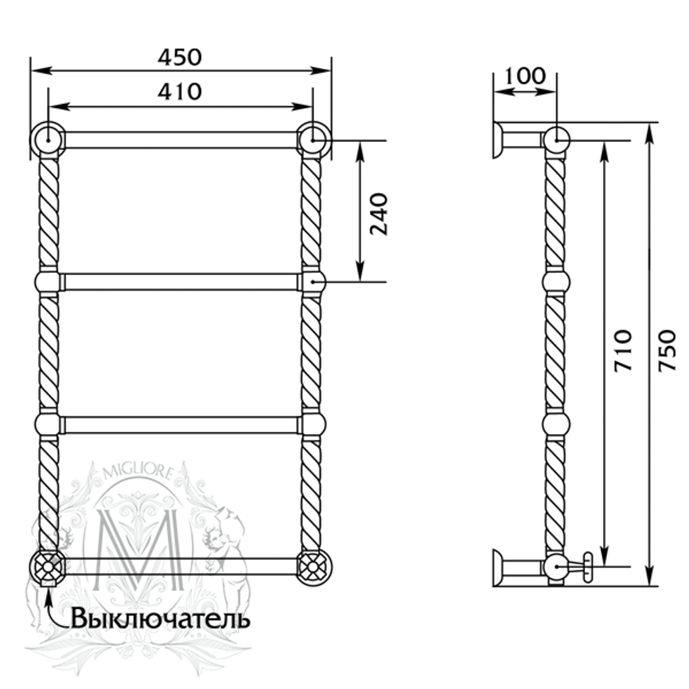 Полотенцесушитель электрический Migliore Edera ML.EDR-EL.100 45x75см. схема