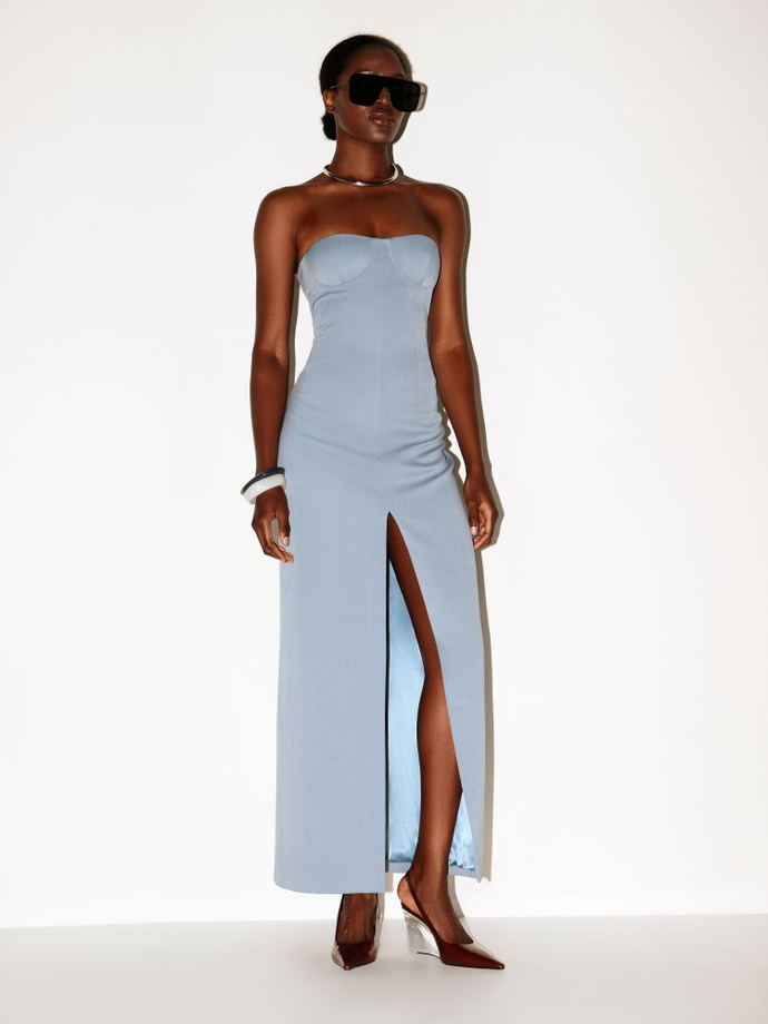 Платье макси корсетное с разрезом спереди