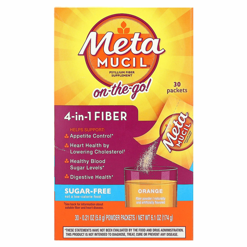 Metamucil, On-The-Go, клетчатка 4 в 1, без сахара, апельсин, 30 пакетиков с порошком по 5,8 г (0,21 унции)
