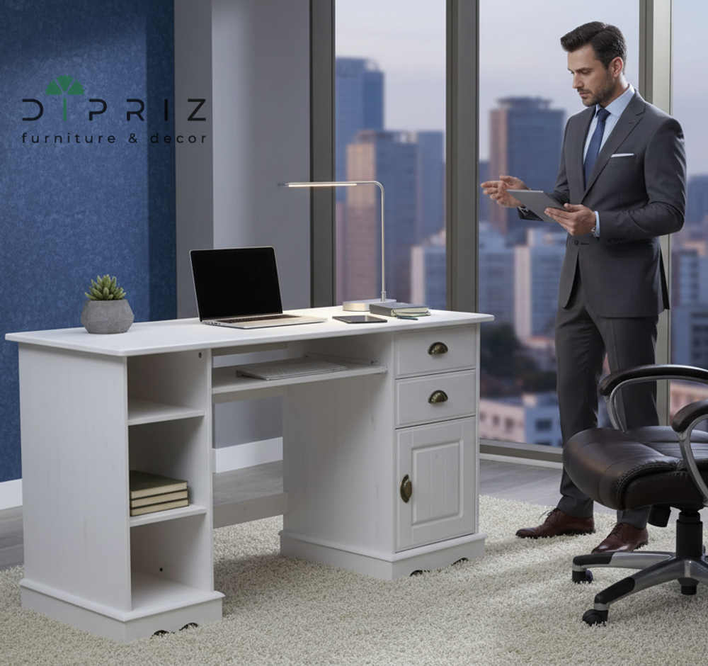 Письменный стол Клаудиа с ящиками, тумбой и полками из массива сосны, белый