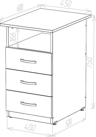 Тумба приставная 3 ящика Стандарт Про дуб сонома