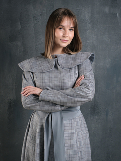 Платье с кушаком /серо-голубая клетка