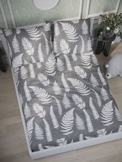 Постельное белье Сказка "Папортник" евро   наволочки 50х70 2шт Простынь на резинке 180х200 см  Пододеяльник 200х215 см