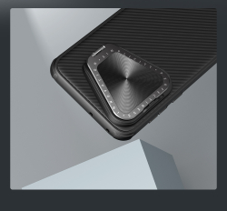 Чехол черного цвета от Nillkin с металлической откидной крышкой для камеры на Huawei P70 Pro, серия CamShield Prop Case