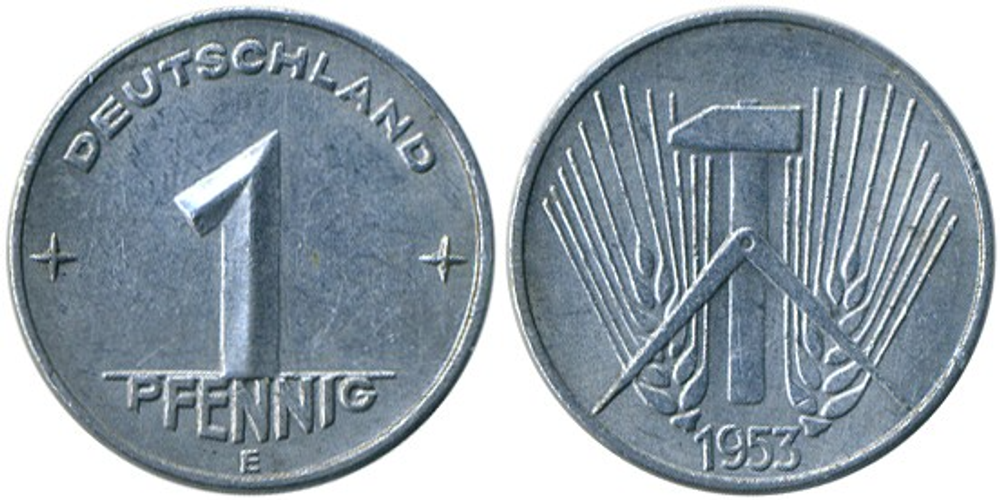 Германия - ГДР 1 пфенниг, 1953 E Молот XF