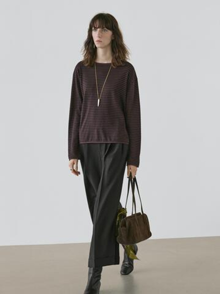 Massimo Dutti Трикотажный свитер из смесового хлопка в полоску, коричневый