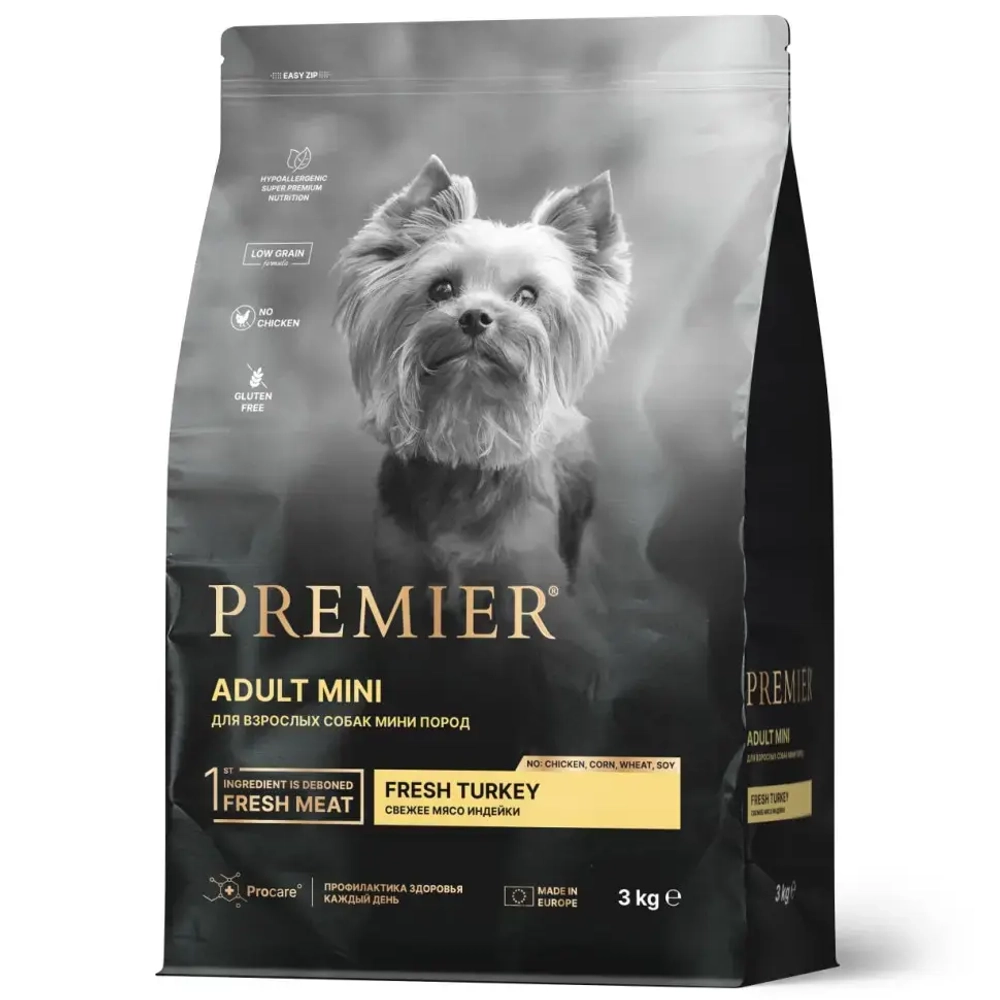 Premier dog turkey adult mini сухой корм для собак мелких пород, свежее мясо индейки - 3 кг