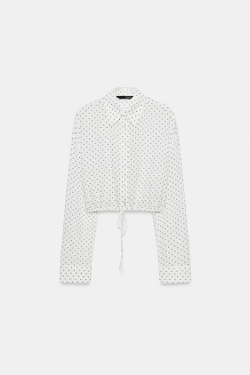 ZARA УКОРОЧЕННАЯ РУБАШКА ИЗ ШИФОНА С РЕГУЛИРУЕМЫМ ШНУРКОМ, ЧЕРНЫЙ/БЕЛЫЙ