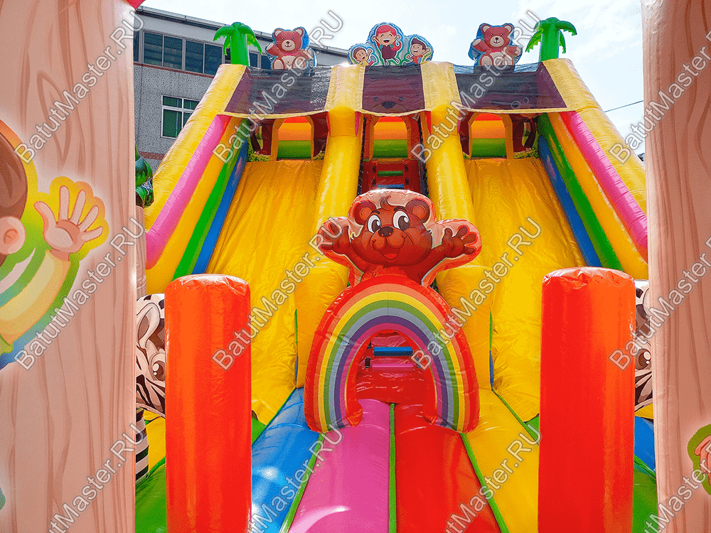 Коммерческий надувной батут "Мишки и дети", 10*6*6,5 м, с горкой 3,5 м
