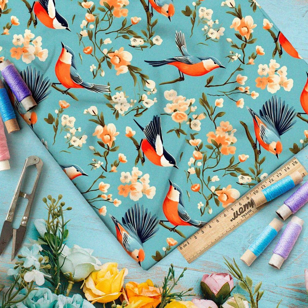 Ткань премиум сатин прицы в весеннем саду