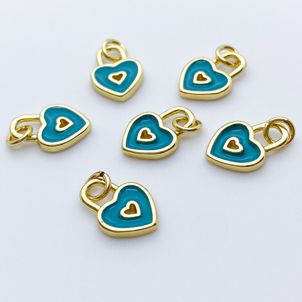 Подвеска Замочек Сердце, цвет золото+бирюзовый, размер 12*9 мм, цена за 1 шт