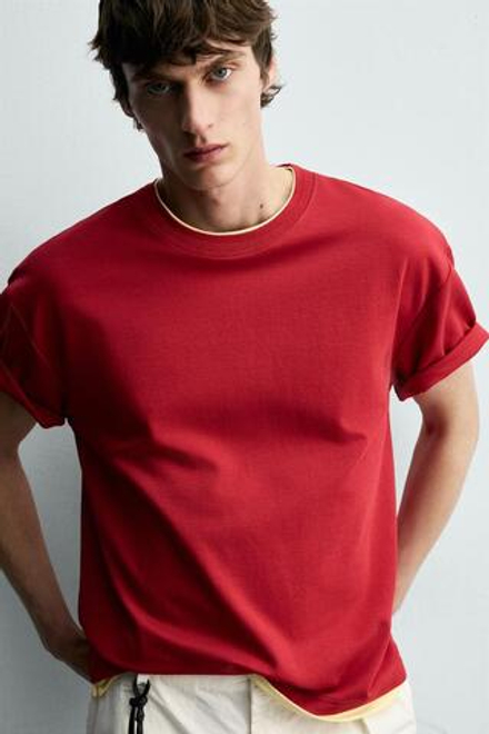 ZARA ФУТБОЛКА С ДВОЙНОЙ КОНТРАСТНОЙ ОТДЕЛКОЙ, КРАСНЫЙ