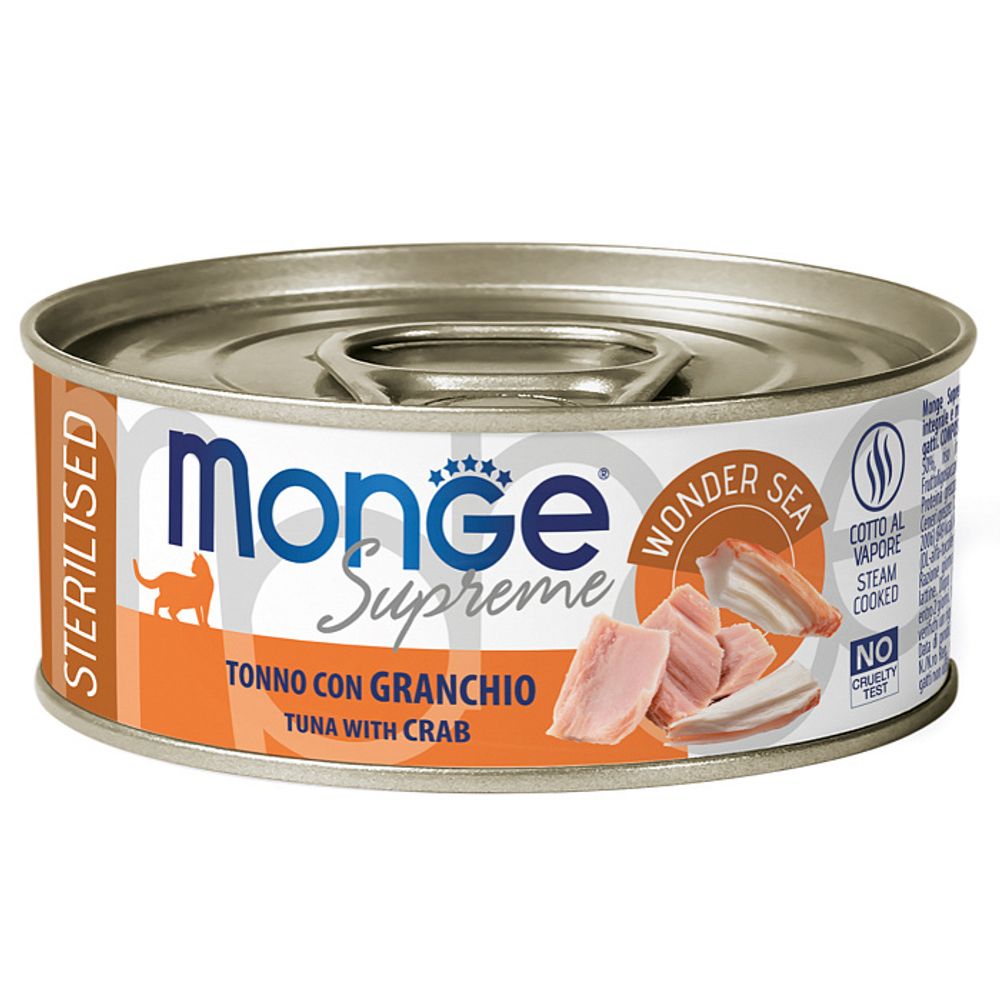Влажный корм Monge Supreme sterilized для стерилизованных кошек из тунца с крабом консервы 80 г