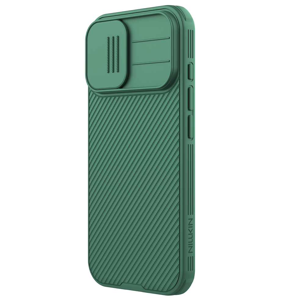 Чехол зеленого цвета (Dark Green) от Nillkin для iPhone 17, серия CamShield Pro Case (защитная сдвижная шторка для камеры)