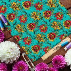 Ткань атлас редкая цветочная хохлома на бирюзовом фоне