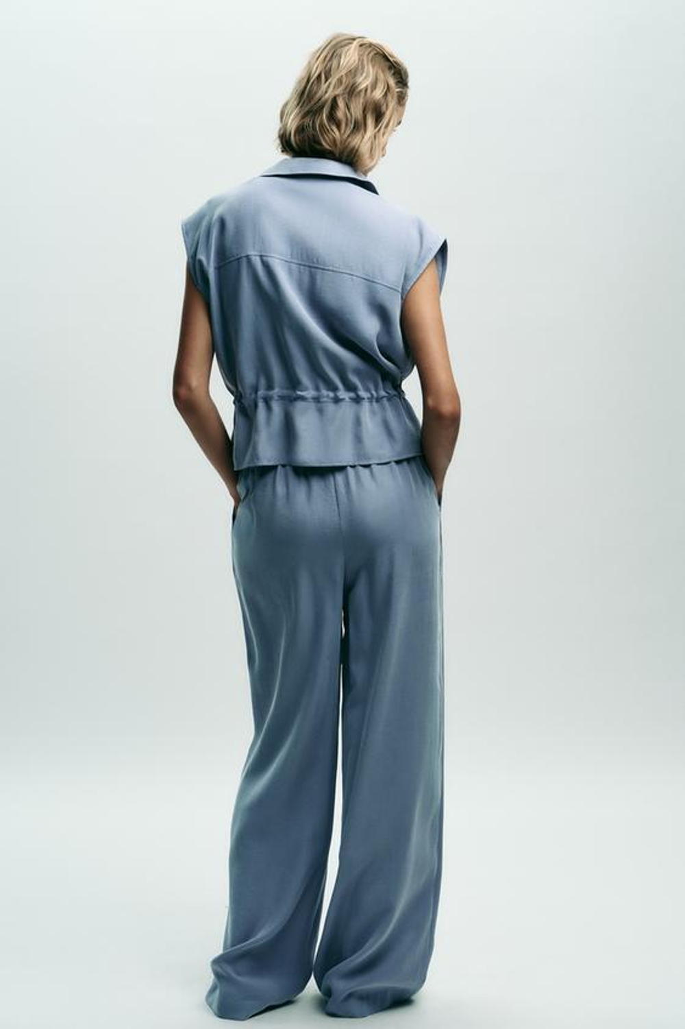 ZARA ШИРОКИЕ БРЮКИ ИЗ МЯГКОЙ ТКАНИ, СЕРО-СИНИЙ