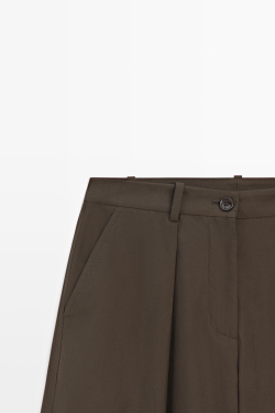Massimo Dutti Брюки из смесового хлопкового поплина с широкими штанинами, хаки
