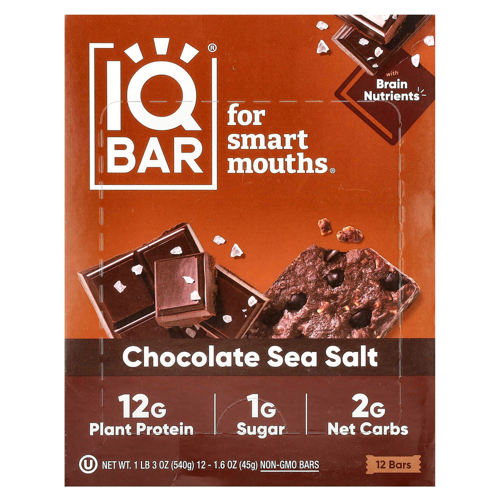 IQBAR, Растительный протеиновый батончик, шоколадная морская соль, 12 батончиков, 45 г (1,6 унции)