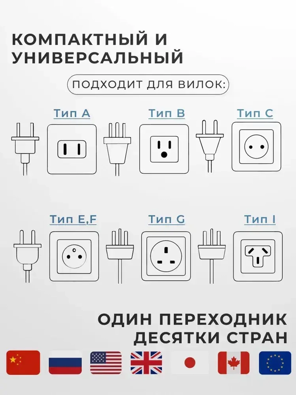 Универсальный адаптер-переходник с китайской вилки на российскую или евровилку, стильный чёрно-белый дизайн, компактный сетевой аксессуар для путешествий и дома