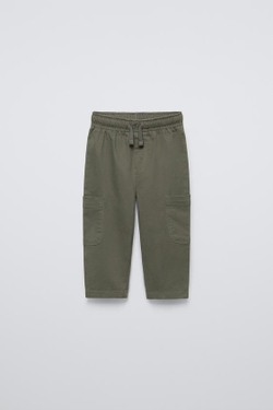 ZARA БРЮКИ STRAIGHT ИЗ ТВИЛА СО ШНУРКАМИ, ЗЕЛЕНЫЙ