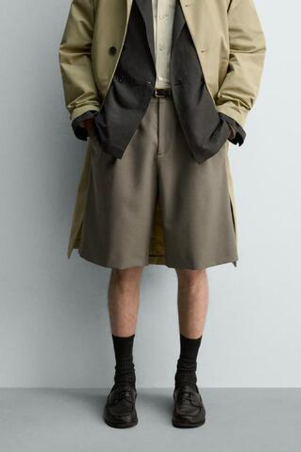 ZARA ШОРТЫ ИЗ 100% ШЕРСТИ С ЗАЩИПАМИ, МЯГКИЙ ЗЕЛЕНЫЙ